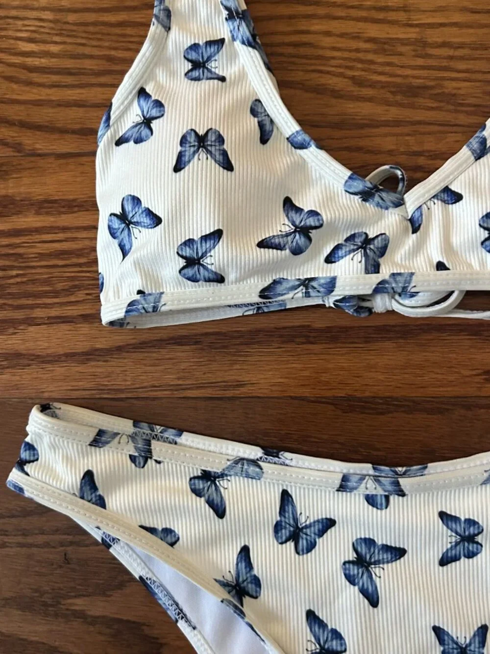 Blue Butterfly Print Matching Bikini Set Size Small Ribbed High-cut Bottoms